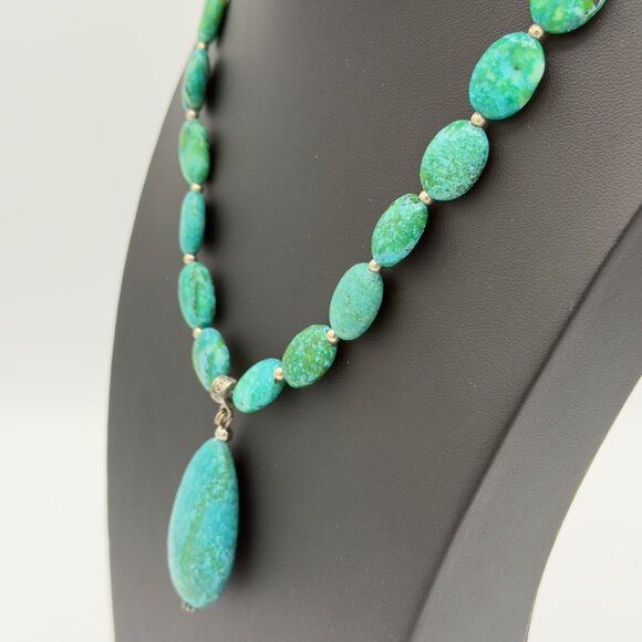 Vintage Stauer Sterling Silver Chrysocolla Pendant Necklace Green Aqua Drop 20"L - Picture 4 of 13